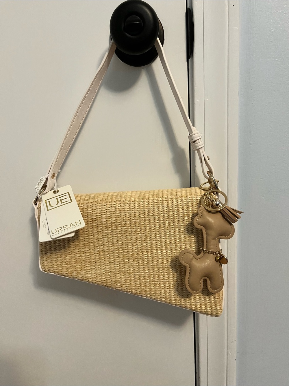 Urban Expressions Beige Woven Mini Shoulder Bag with White Strap and Tan Charm